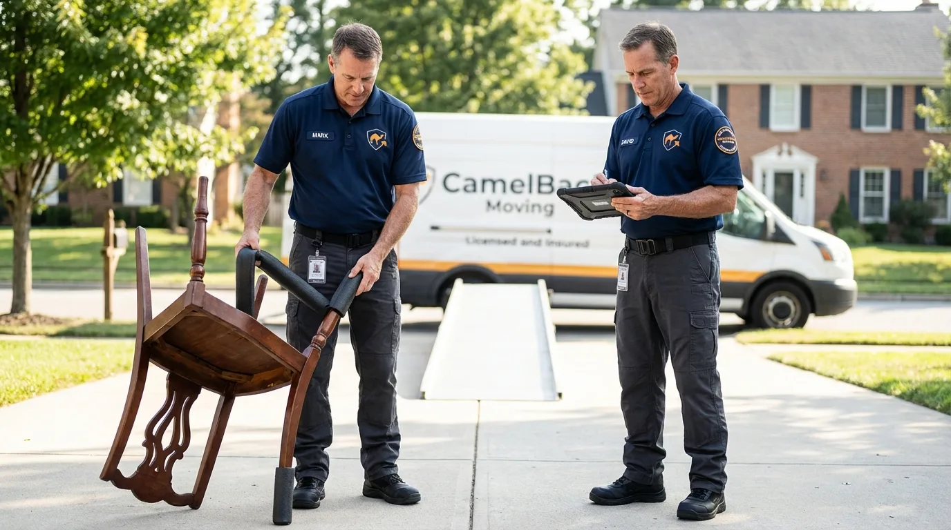 Movers inspecting furniture for damage prevention before loading in Tylertown, MS